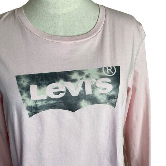 Levis Womens Size Large Graphic Tee T Shirt Pink Long Sleeve Crewneck Pullover - Picture 2 of 10